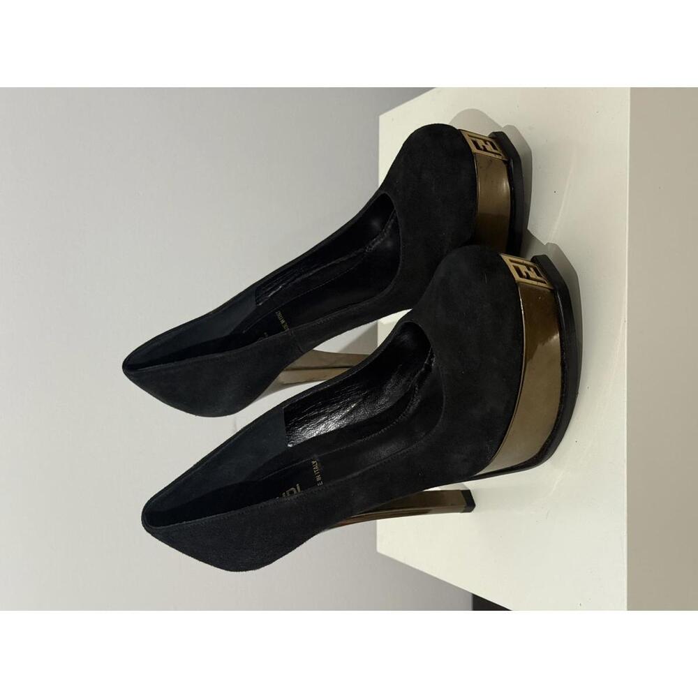 Fendi Size 36.5 Black Suede Fendista Platform Pumps Luxury Brand Gold Chrome